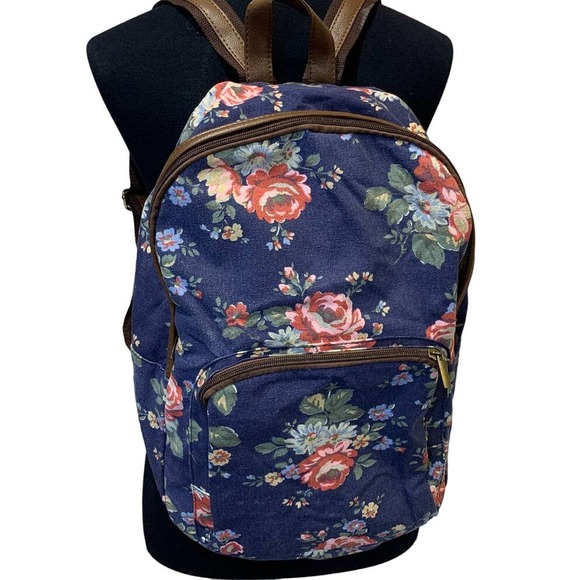 Navy Blue Pink Floral Faux Leather Trimmed Machine Washable Backpack Book Bag - Picture 1 of 6